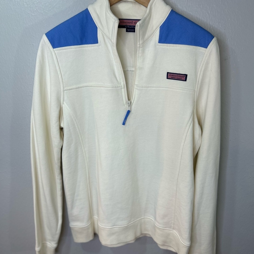 Vineyard Vines Women’s Quarter-Zip Pullover – Cream & Blue | Size M | Excellent